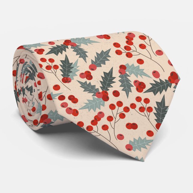 Modern Holly Berry Christmas Botanical Pattern Neck Tie (Rolled)