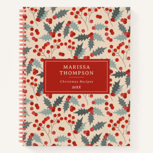Modern Holly Berry Christmas Botanical Pattern Notebook