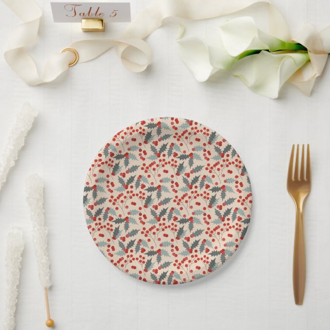 Modern Holly Berry Christmas Botanical Pattern Paper Plates (Wedding)
