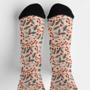 Modern Holly Berry Christmas Botanical Pattern Socks