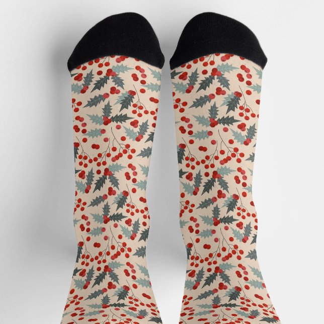 Modern Holly Berry Christmas Botanical Pattern Socks (Top)