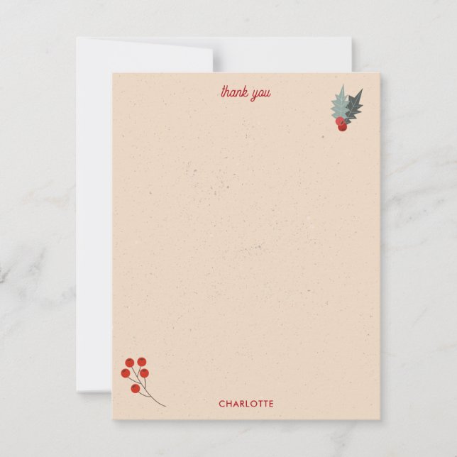 Modern Holly Berry Christmas Botanical Pattern Thank You Card (Front)