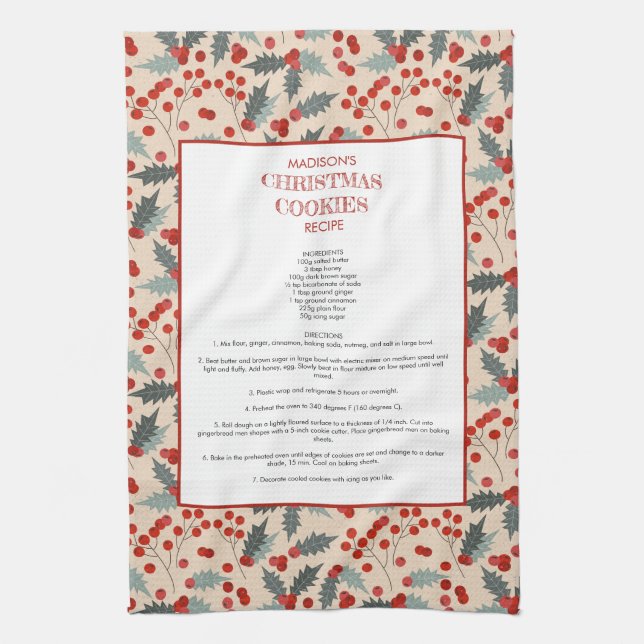 Modern Holly Berry Christmas Botanical Recipe Kitchen Towel (Vertical)