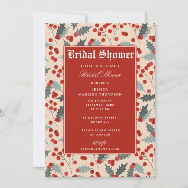 Modern Holly Berry Christmas Bridal Shower Invitation (Front)