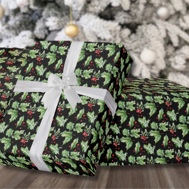 Modern Holly Berry Christmas Wrapping Paper (Festive Black Holly Berries Christmas Wrapping Paper)