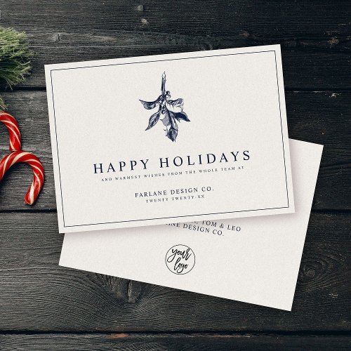 Modern Holly Berry  Elegant Muted Blue Business Holiday Card