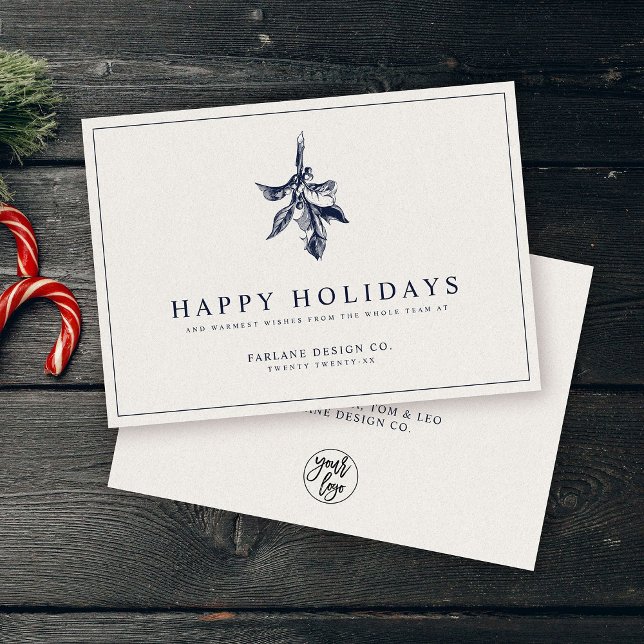 Modern Holly Berry | Elegant Muted Blue Business Holiday Card (Creator Uploaded)