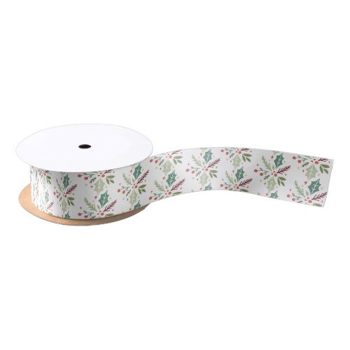 Modern Holly Berry Foliage Christmas Satin Ribbon