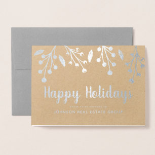 Modern Holly Berry & Foliage Holiday Greetings Foil Card