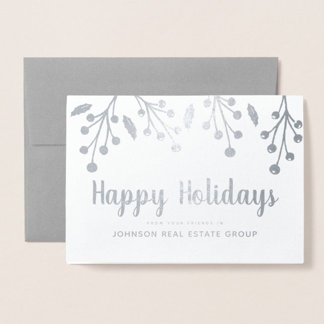 Modern Holly Berry & Foliage | Holiday Greetings Foil Card (Front With Envelope)
