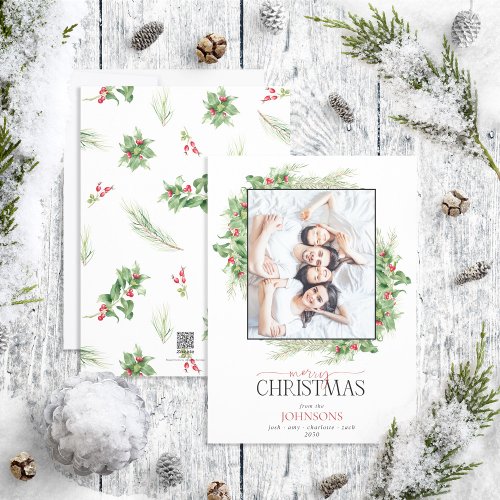 Modern Holly Berry Greenery Merry Christmas Photo Holiday Card