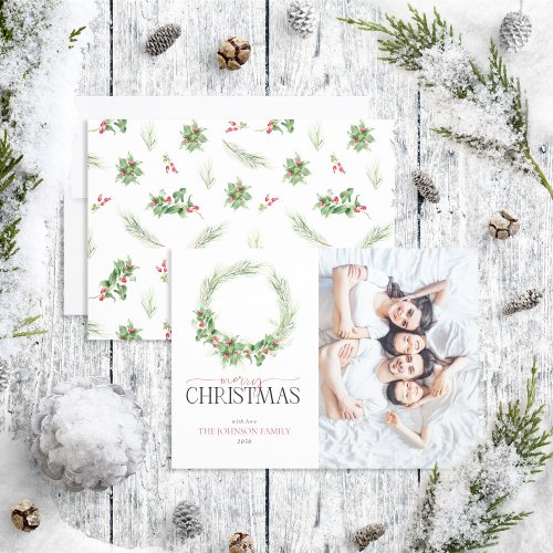 Modern Holly Berry Greenery Wreath Photo Holiday Card