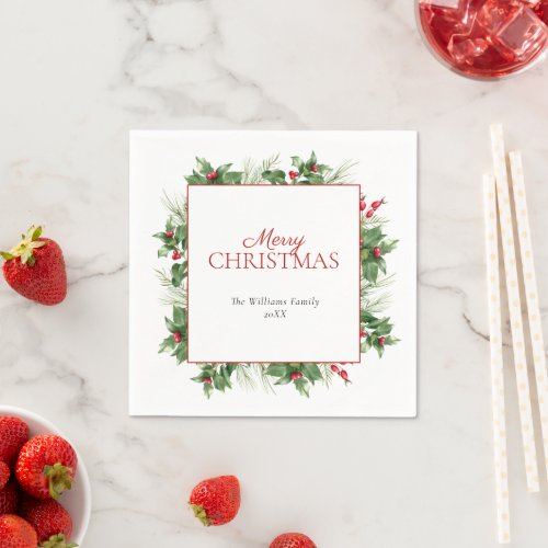 Modern Holly Berry Merry Christmas Napkins