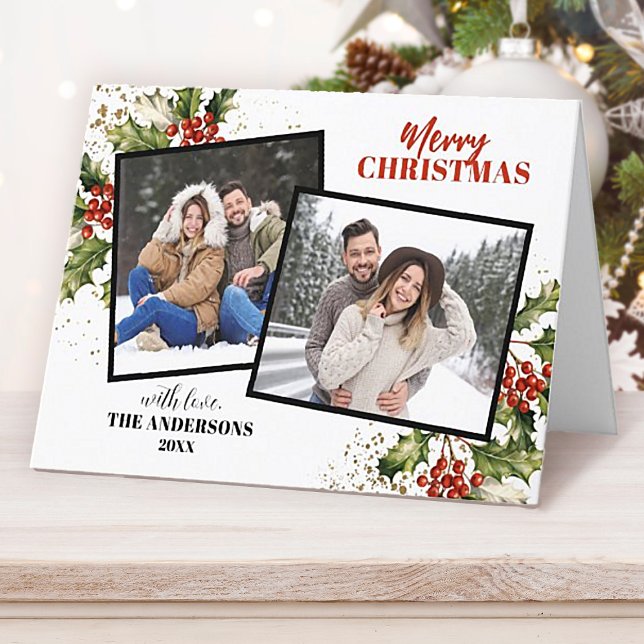Modern Holly Berry Photo Collage Christmas  Holiday Card (An elegant and festive 2 photo Christmas card. Personalize it for Christmas this year!)