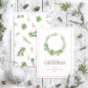 Modern Holly Berry Wreath Merry Christmas Holiday Card