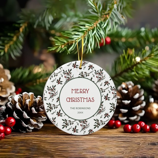Modern Holly Christmas Botanical Berries Pattern Ceramic Ornament (Christmas Holly Plant Berries Ornament)