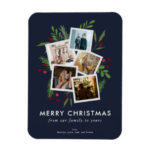Modern Holly Christmas Photo Collage Custom Family Magnet