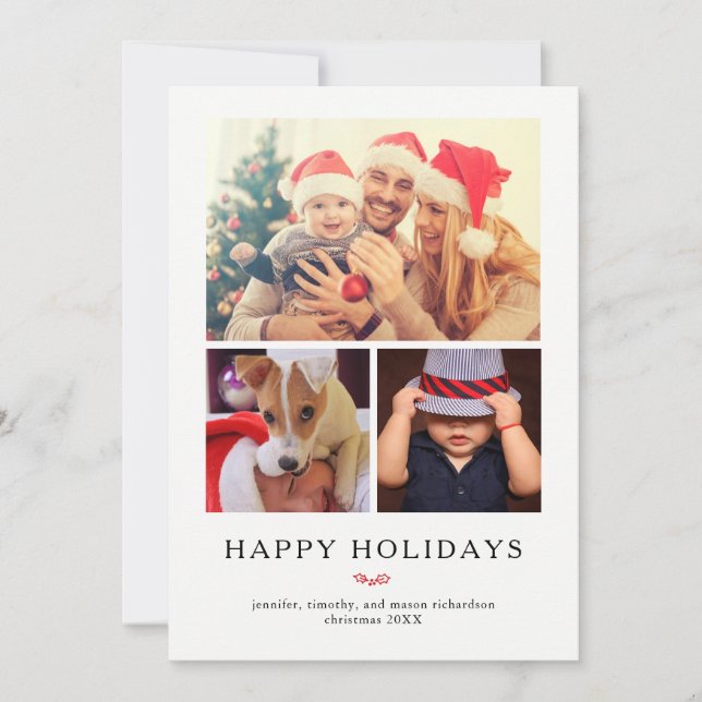 Modern Holly | Christmas Three Photo Grid Holiday Card (Front)