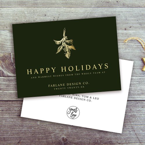 Modern Holly  Elegant Gold Green Business Holiday Card