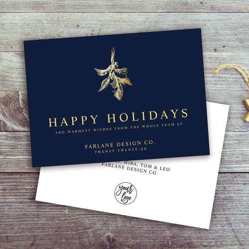 Modern Holly  Elegant Gold Navy Business Holiday Card