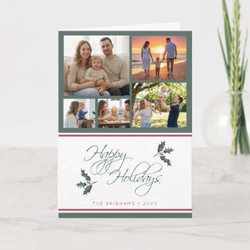Modern Holly Five Photo Collage Happy Holidays Holiday Card