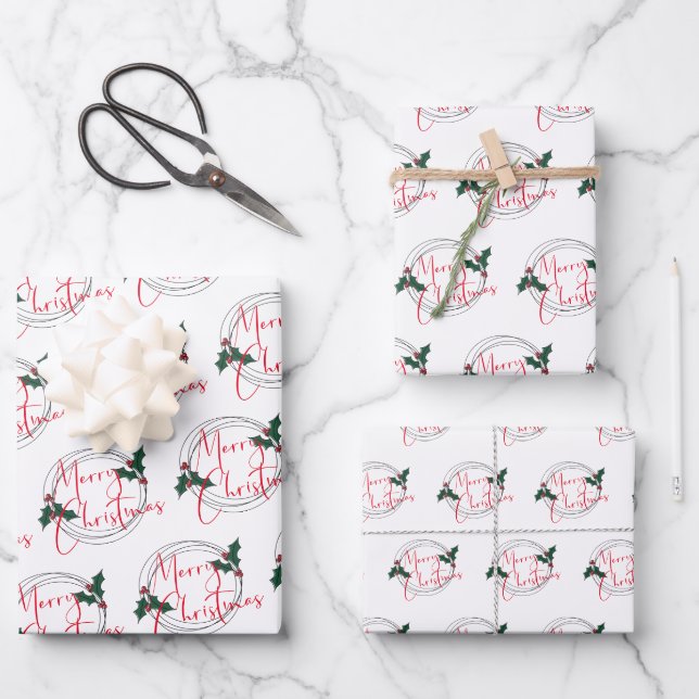 Modern Holly Wreath Merry Christmas Wrapping Paper Sheets (Front)