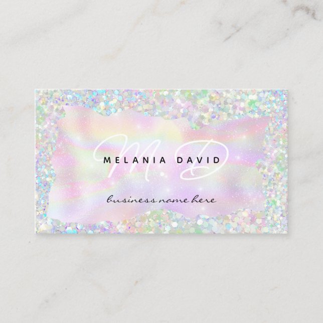 Modern Holo Glitter Custom Monogram QR Code Girly Calling Card (Front)