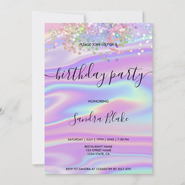 Modern Holograph Girly Trendy Birthday Invitation (Front)