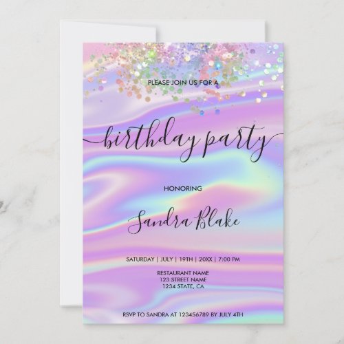 Modern Holograph Girly Trendy Birthday Invitation