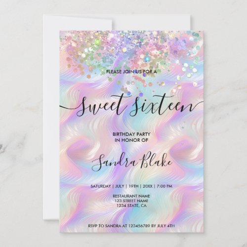 Modern Holograph Girly Trendy Sweet 16 Invitation