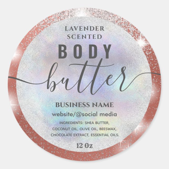 Modern holograph sparkle script body butter label (Front)