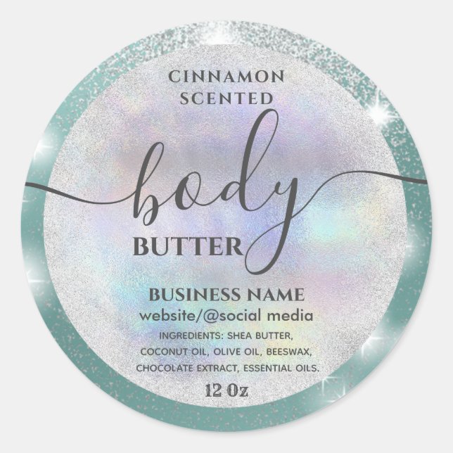 Modern holograph sparkle script body butter label (Front)