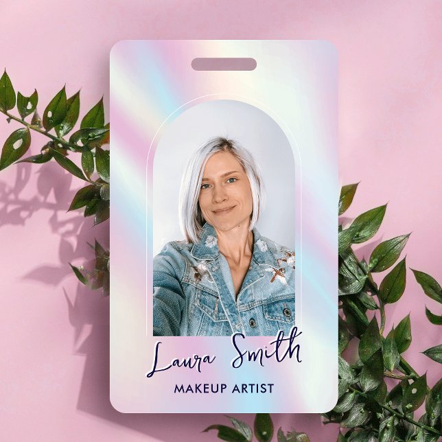 Modern Holographic Aesthetician Photo Beauty Salon Badge (Trendy employee photo ID badge with holographic background in pastel colors)
