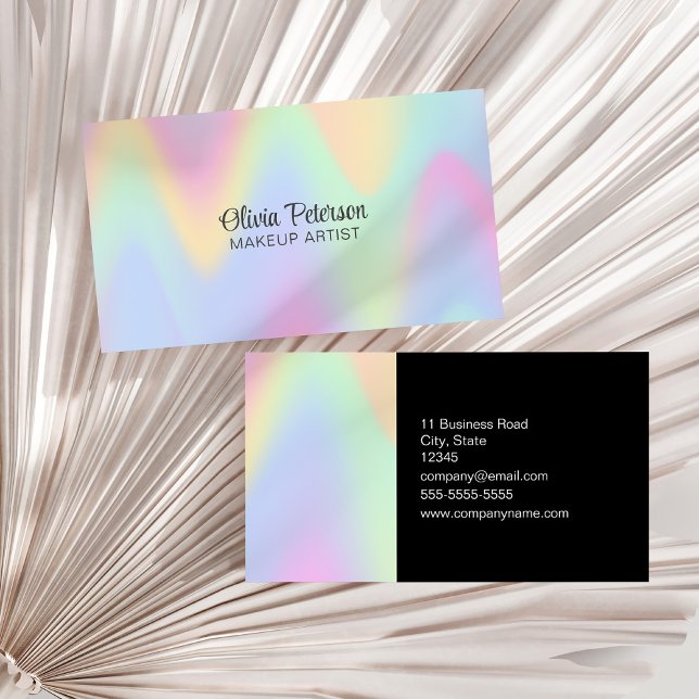 Modern Holographic and Black Elegant Script Business Card (Modern Holographic and Black Elegant Script Business Card on a white dry palm leaf.)