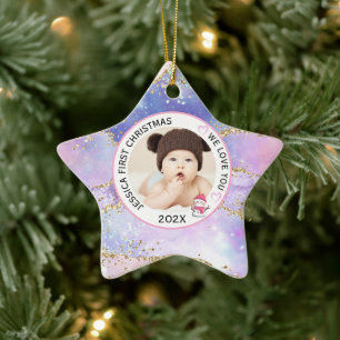 Modern Holographic Baby Girl First Christmas Photo Ceramic Ornament