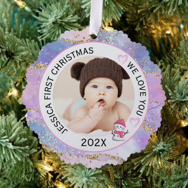 Modern Holographic Baby Girl First Christmas Photo Ornament Card (Insitu (Tree))