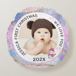 Modern Holographic Baby Girl First Christmas Photo Round Pillow