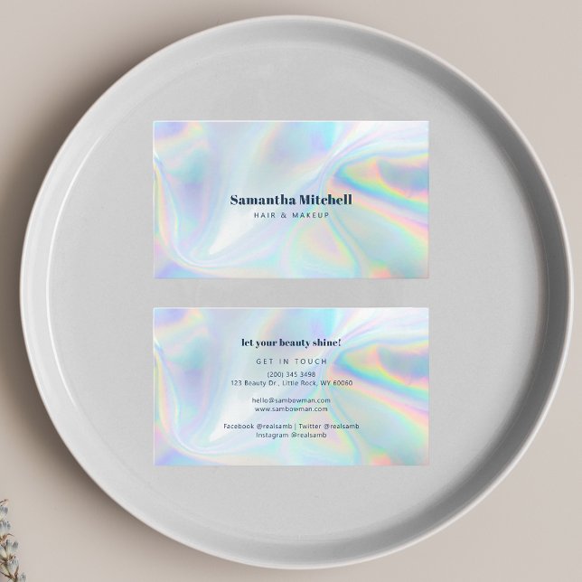 Modern Holographic Beautician Makeup Artist Business Card (Holographic Hair and Makeup Business Card)