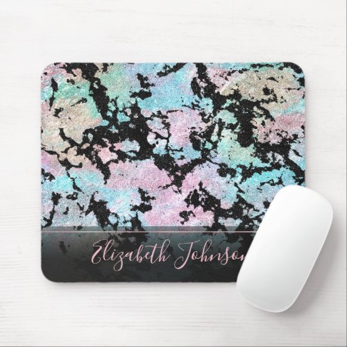 Modern Holographic  Black Glitter Marble Image Mouse Pad