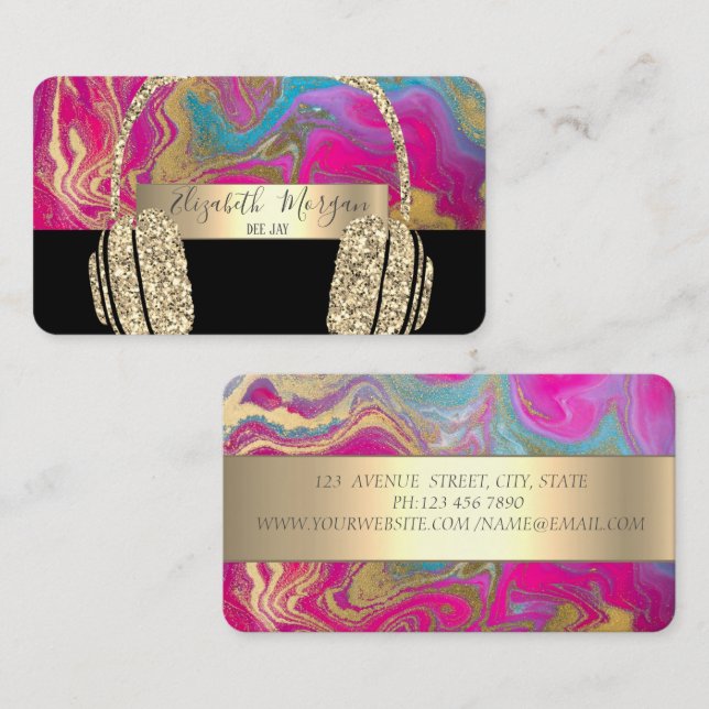 Modern Holographic Black Gold Glitter Headphone DJ Business Card (Front/Back)
