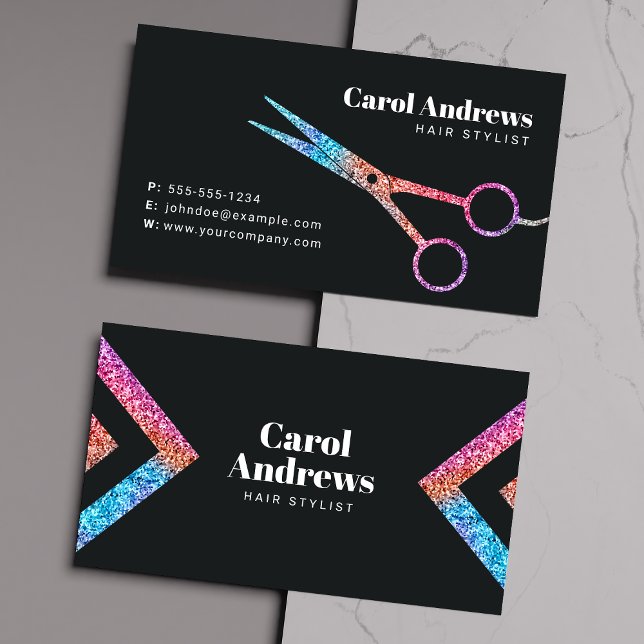 Modern Holographic Black Hair Stylist Scissor Business Card (Creator Uploaded)