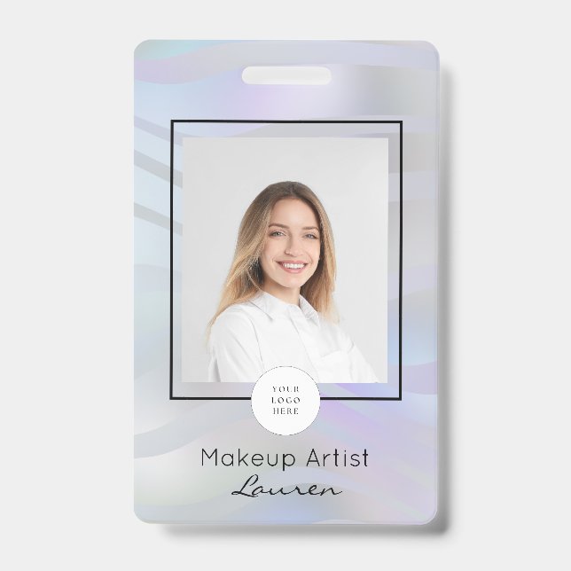 Modern Holographic Black Script Photo Makeup  Badge (Front)