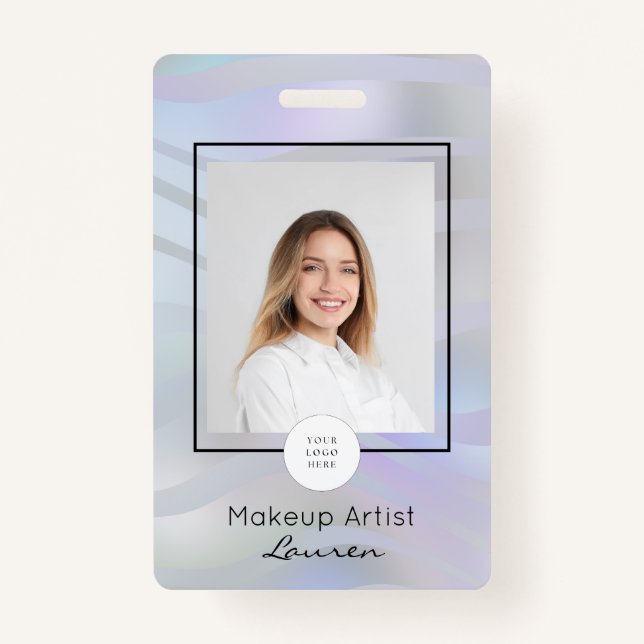 Modern Holographic Black Script Photo Makeup  Badge (Front)