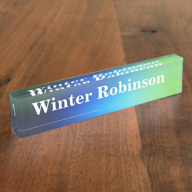 Modern holographic blue green turquoise desk name plate (Side)