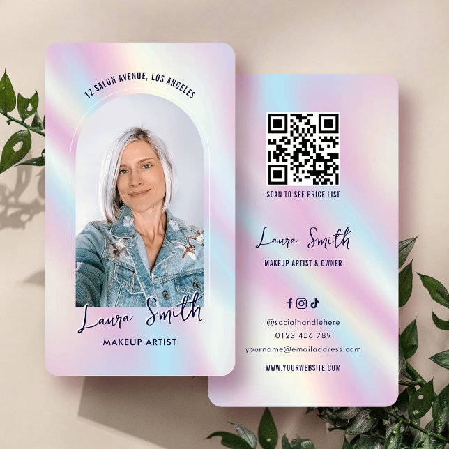 Modern Holographic Chic Aesthetician QR Code Photo Business Card (Trendy photo business cards with girly holographic effect background and scannable QR code)
