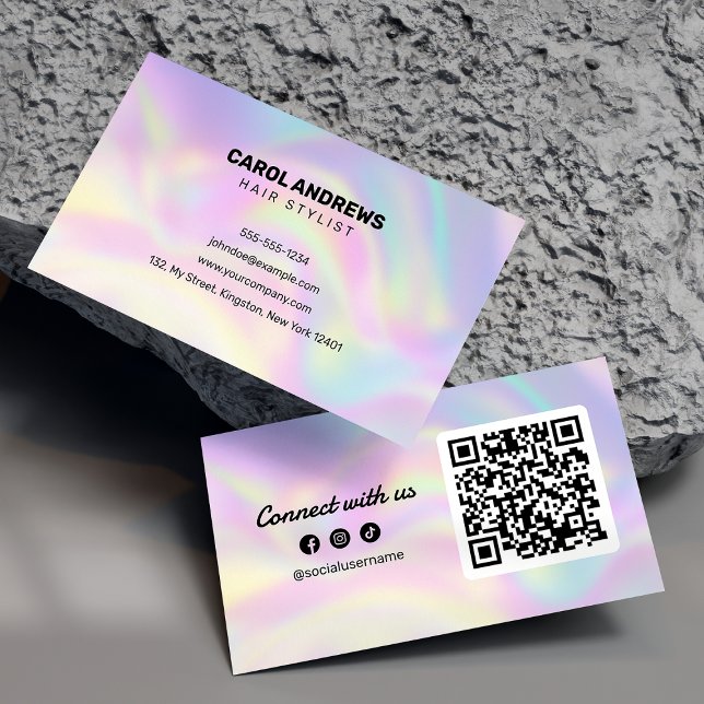 Modern Holographic Connect with us Hair Stylist Business Card (Creator Uploaded)