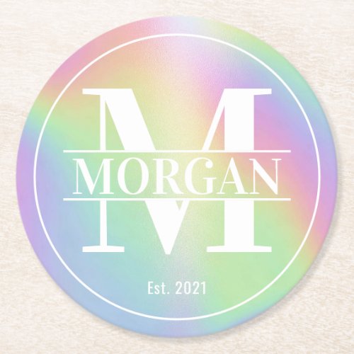 Modern Holographic Custom Family Monogram Name Round Paper Coaster