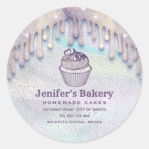 Modern holographic drips cupcake  bakery chef classic round sticker
