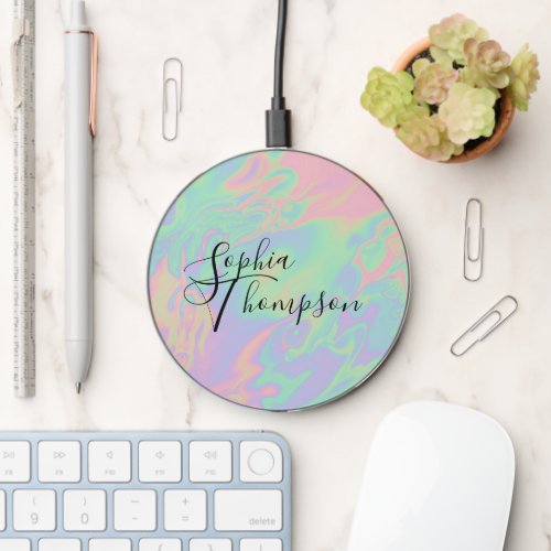 Modern Holographic Effect Rainbow Pastel Script Wireless Charger