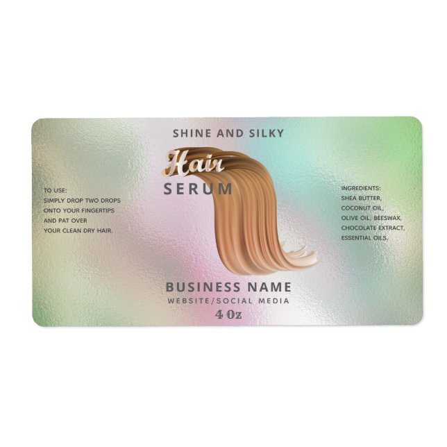 Modern holographic elegant  hair serum label (Front)